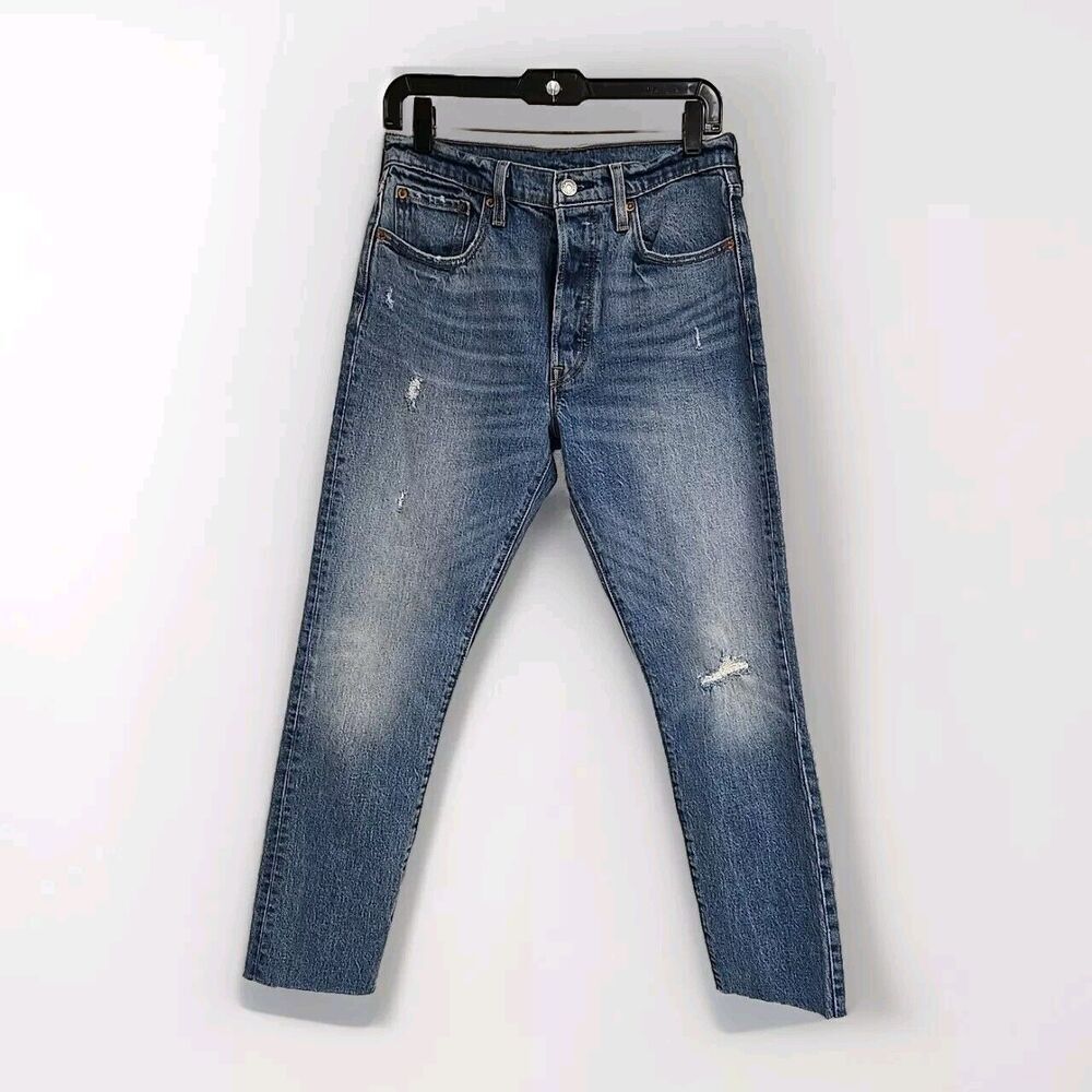 Levi’s 501 Button Fly Distressed High Rise Blue Jeans Raw Hem Women’s Size 28x30